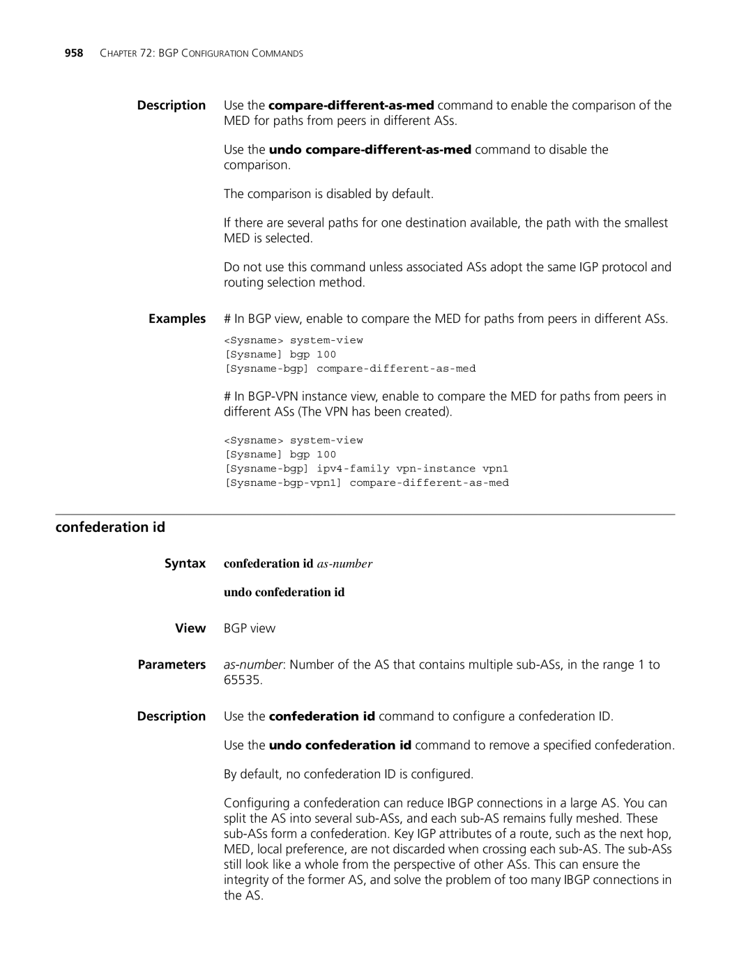 3Com MSR 30, MSR 50 manual Confederation id, Syntax confederation id as-number Undo confederation id 