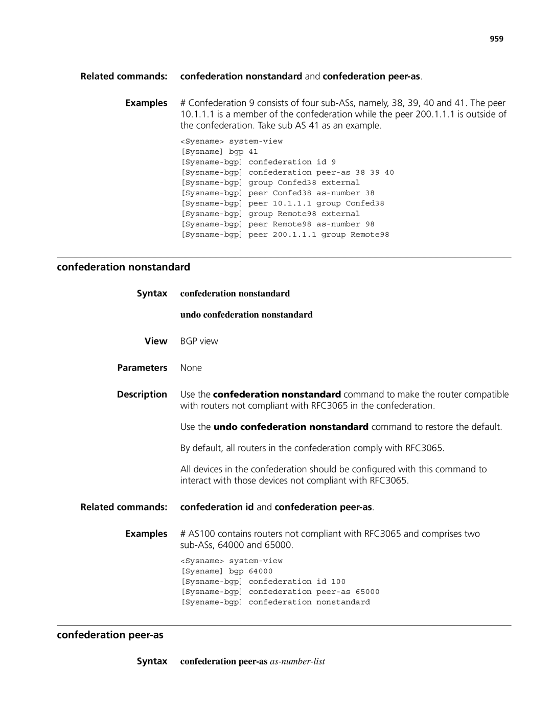 3Com MSR 50 Confederation nonstandard, Confederation peer-as, View BGP view, Syntax confederation peer-as as-number-list 