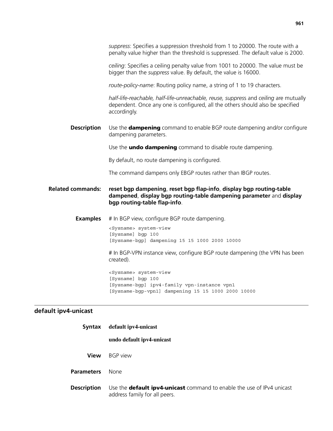 3Com MSR 50, MSR 30 manual Default ipv4-unicast, Examples # In BGP view, configure BGP route dampening, 961 