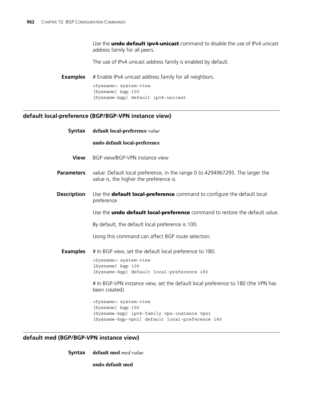 3Com MSR 30, MSR 50 manual Default local-preference BGP/BGP-VPN instance view, Default med BGP/BGP-VPN instance view 