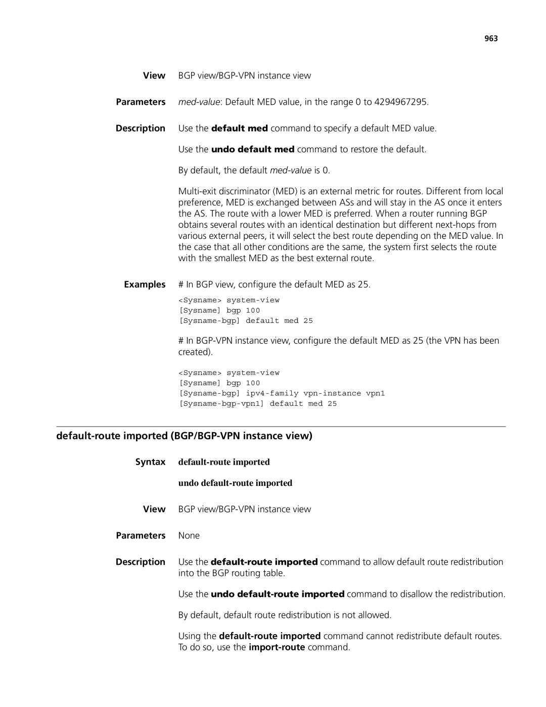 3Com MSR 50 Default-route imported BGP/BGP-VPN instance view, Syntax default-route imported Undo default-route imported 