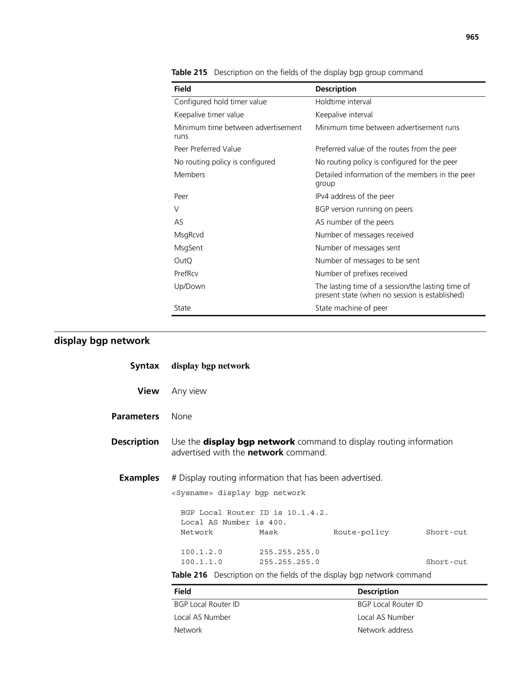 3Com MSR 50, MSR 30 manual Display bgp network, Advertised with the network command, 965 
