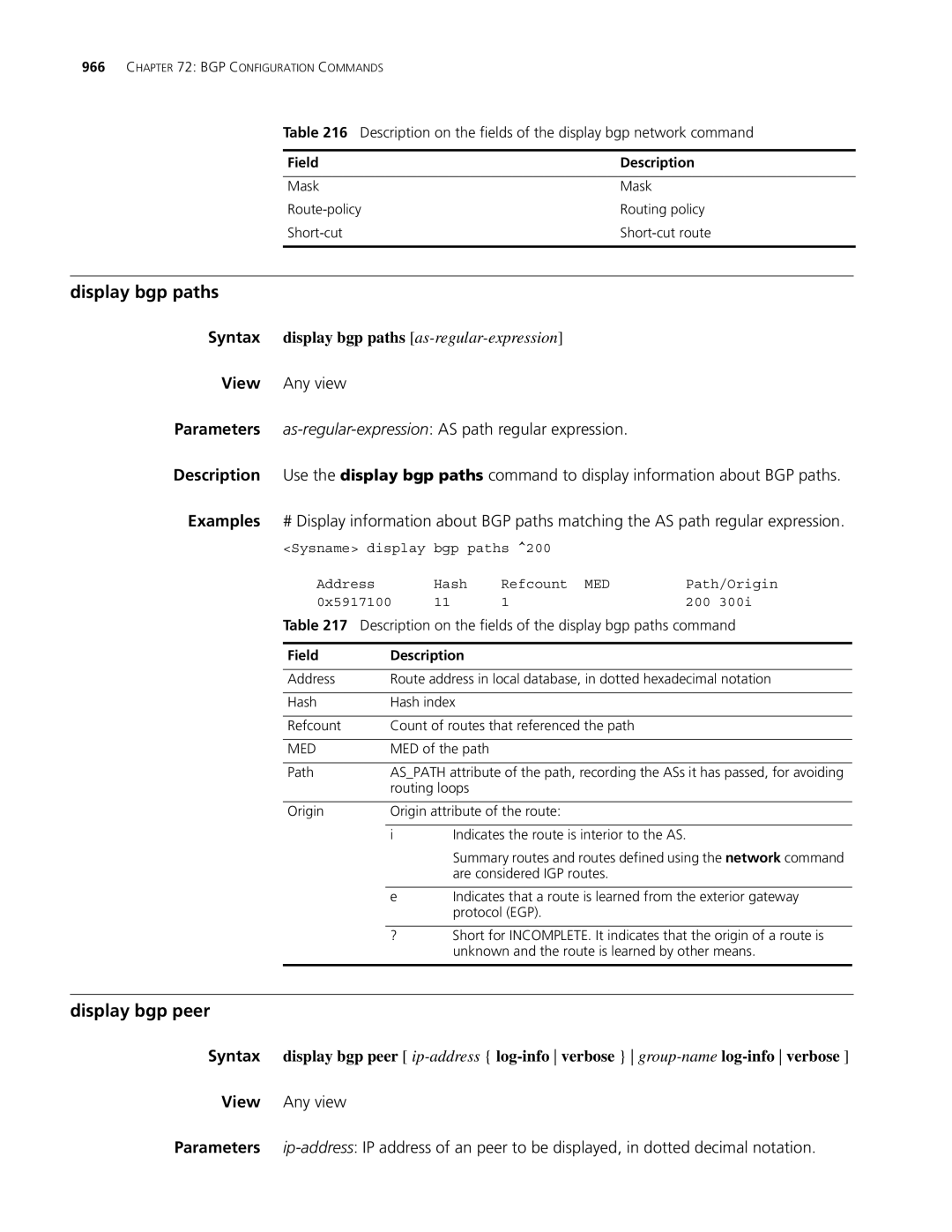 3Com MSR 30, MSR 50 Display bgp paths, Display bgp peer, Description on the fields of the display bgp paths command, Med 