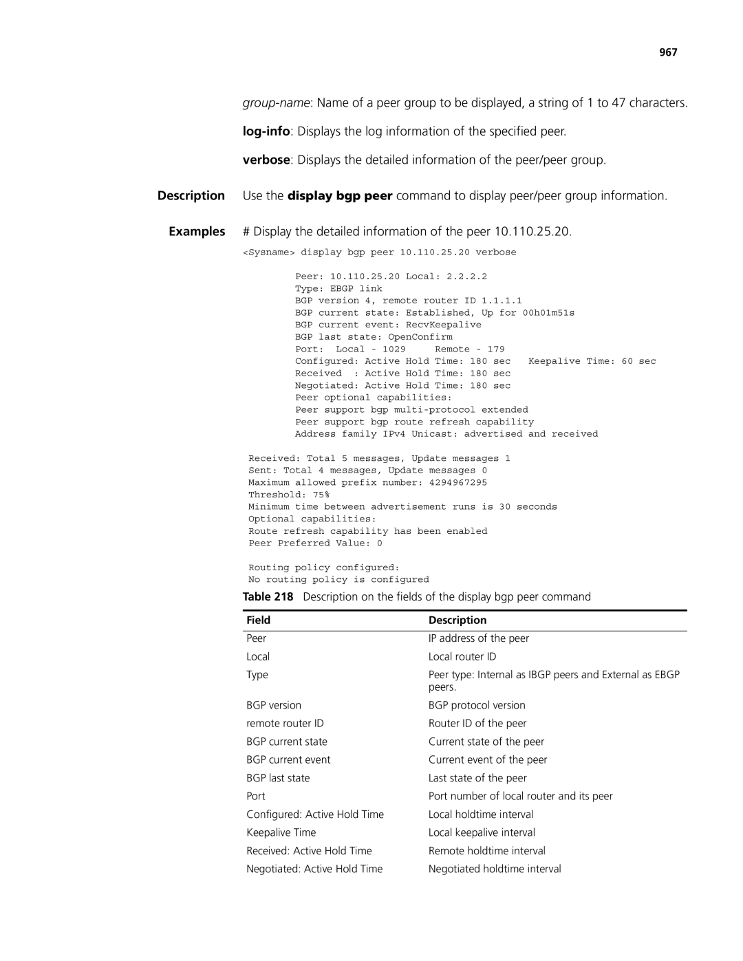 3Com MSR 50, MSR 30 manual Description on the fields of the display bgp peer command, 967 