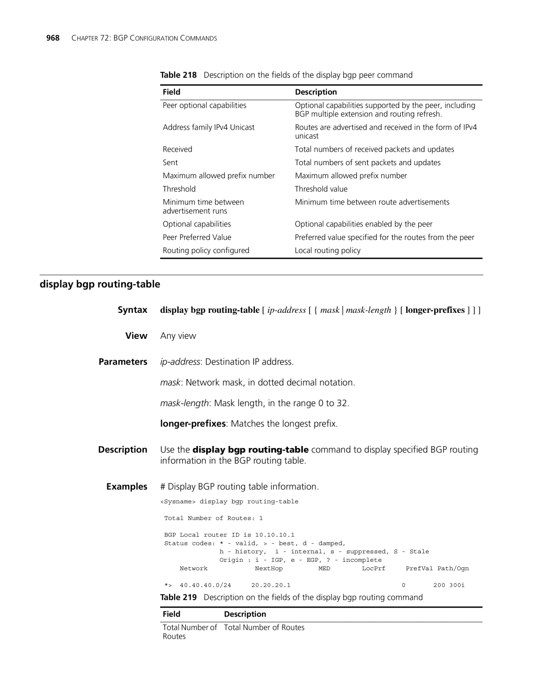 3Com MSR 30, MSR 50 manual Display bgp routing-table, Description on the fields of the display bgp routing command 