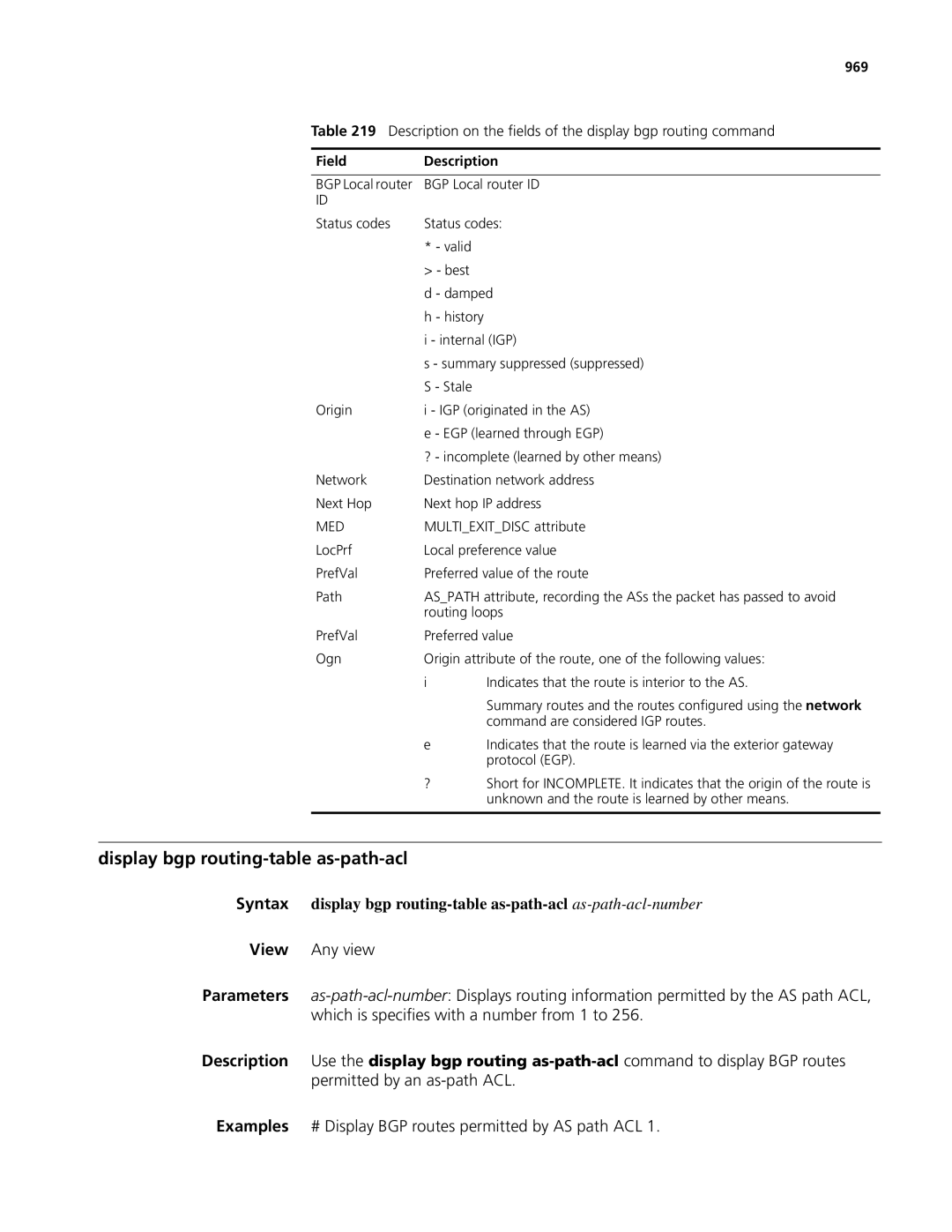 3Com MSR 50, MSR 30 manual Display bgp routing-table as-path-acl, 969 