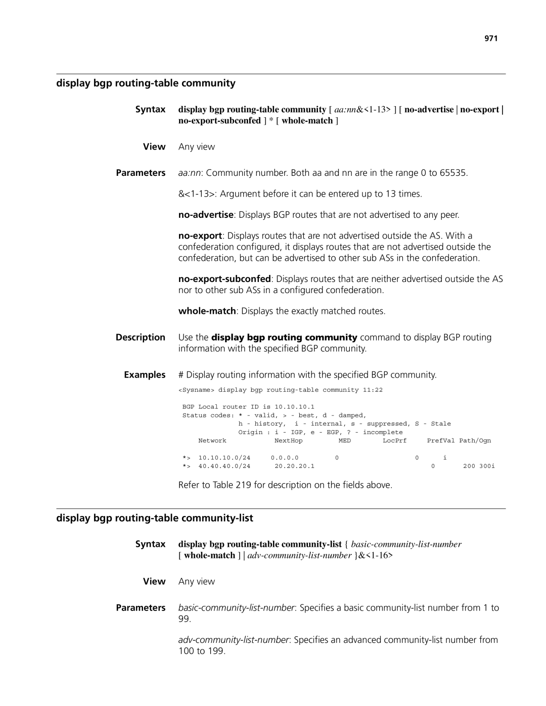 3Com MSR 50, MSR 30 manual Display bgp routing-table community-list, 971 