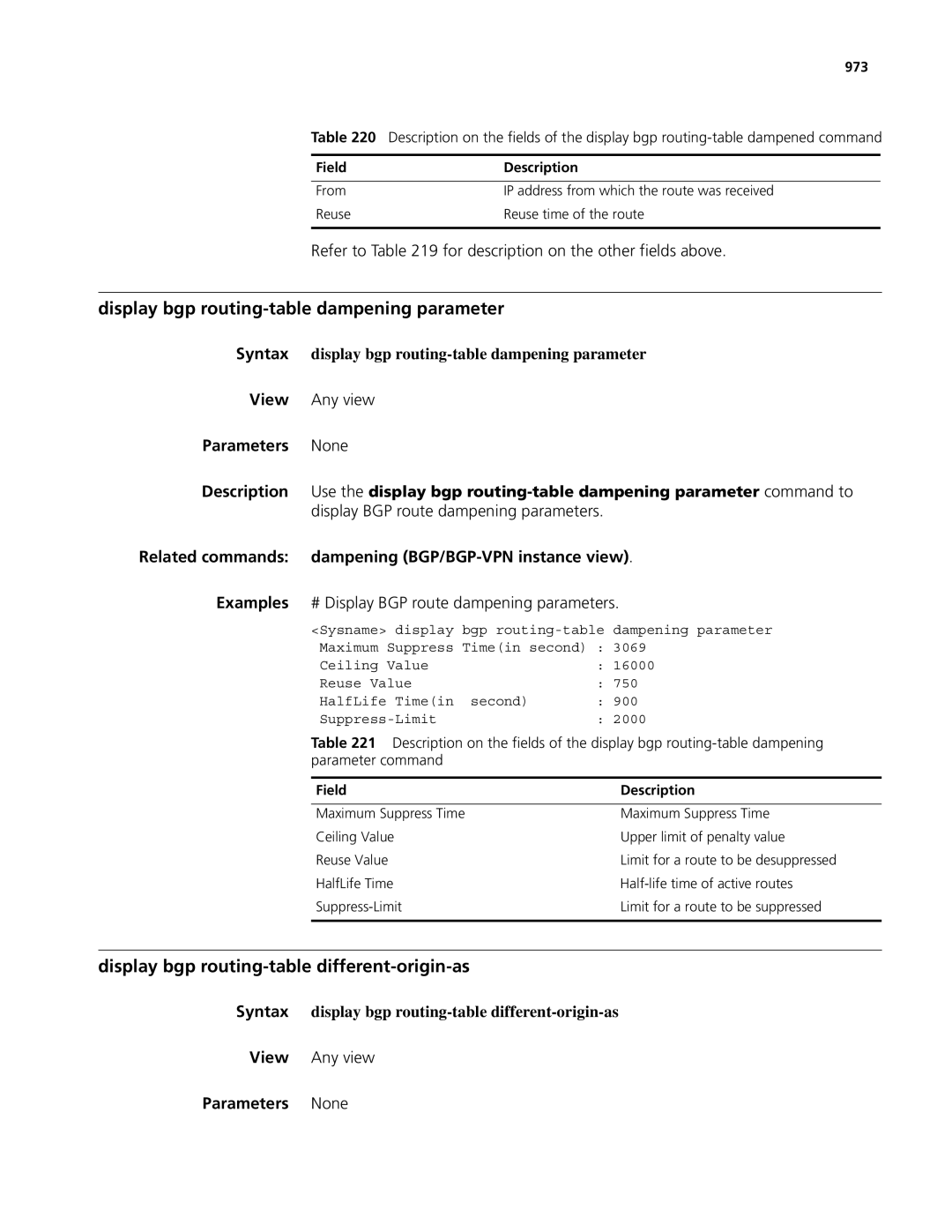 3Com MSR 50, MSR 30 manual Display bgp routing-table dampening parameter, Display bgp routing-table different-origin-as 