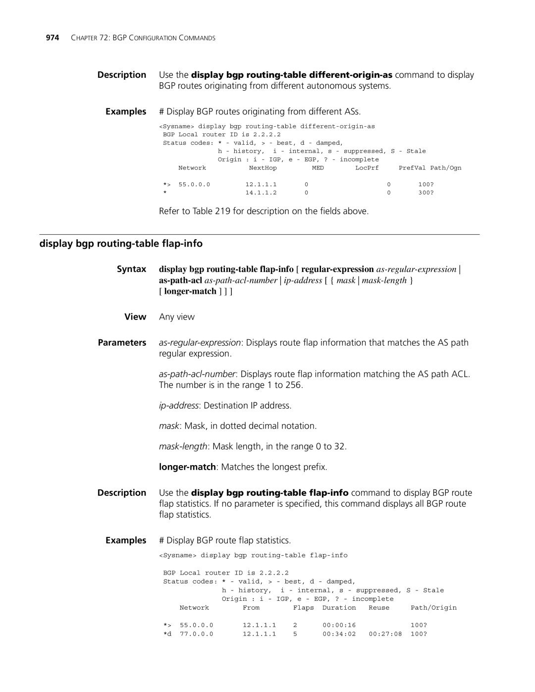 3Com MSR 30, MSR 50 manual Display bgp routing-table flap-info, Longer-match 