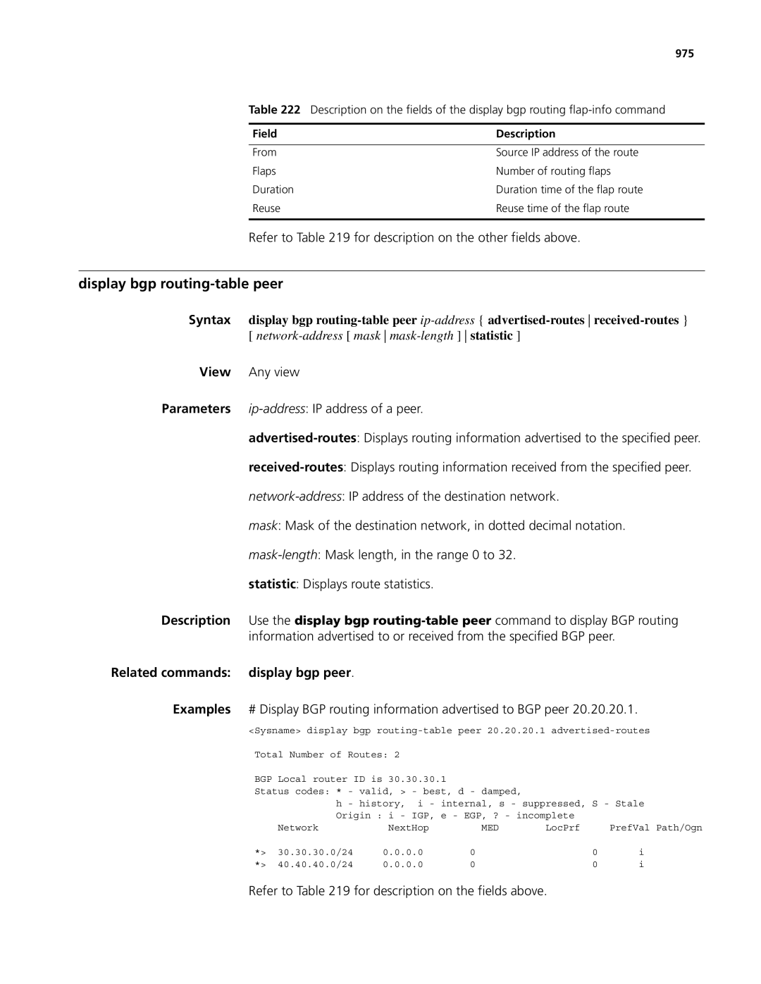 3Com MSR 50, MSR 30 manual Display bgp routing-table peer, Related commands display bgp peer, 975 