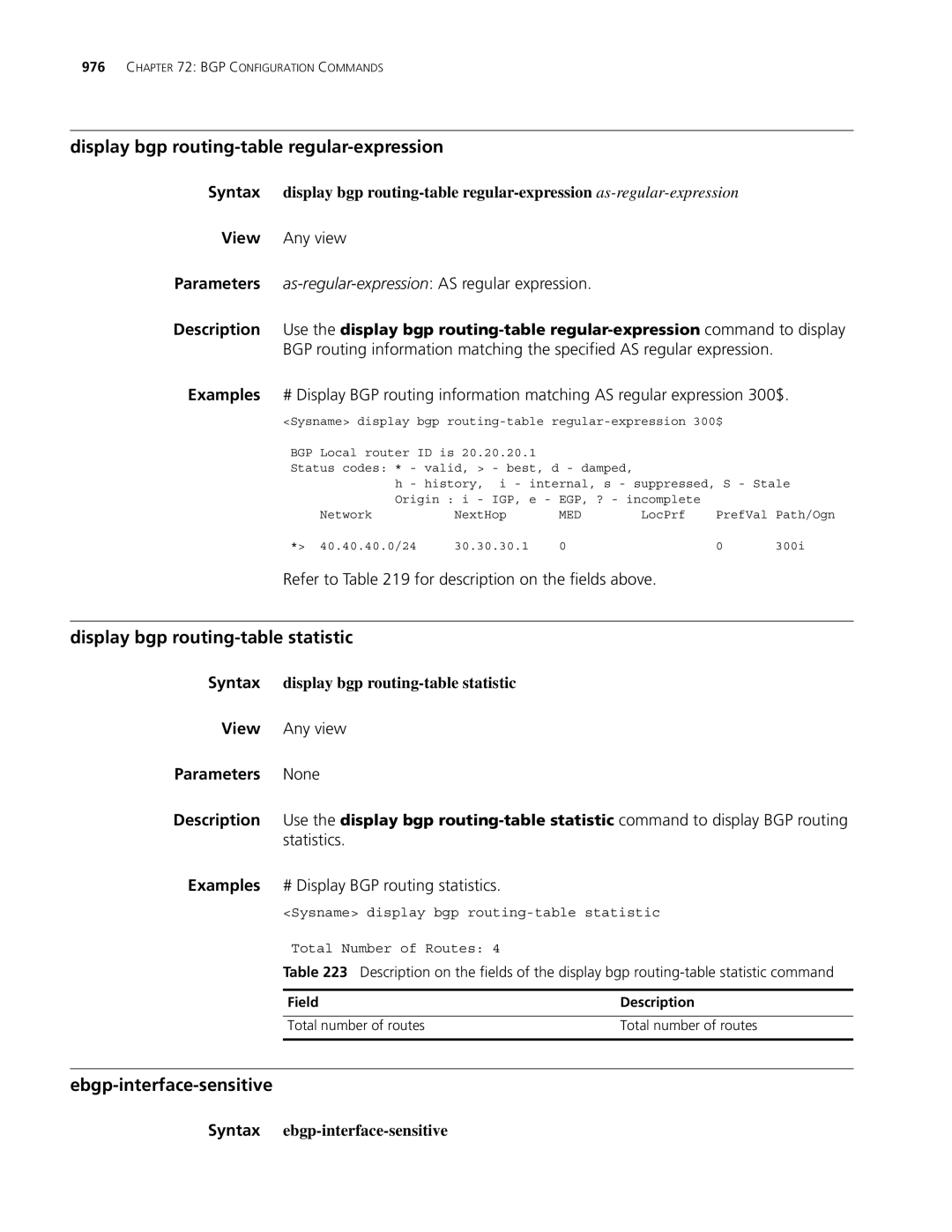 3Com MSR 30 Display bgp routing-table regular-expression, Display bgp routing-table statistic, Ebgp-interface-sensitive 