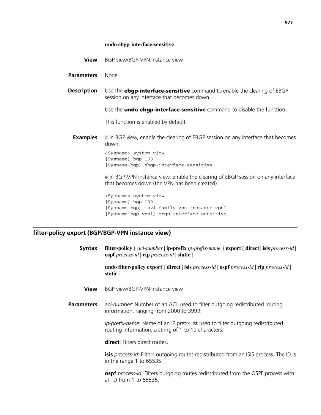 3Com MSR 50, MSR 30 manual Filter-policy export BGP/BGP-VPN instance view, Undo ebgp-interface-sensitive, 977 