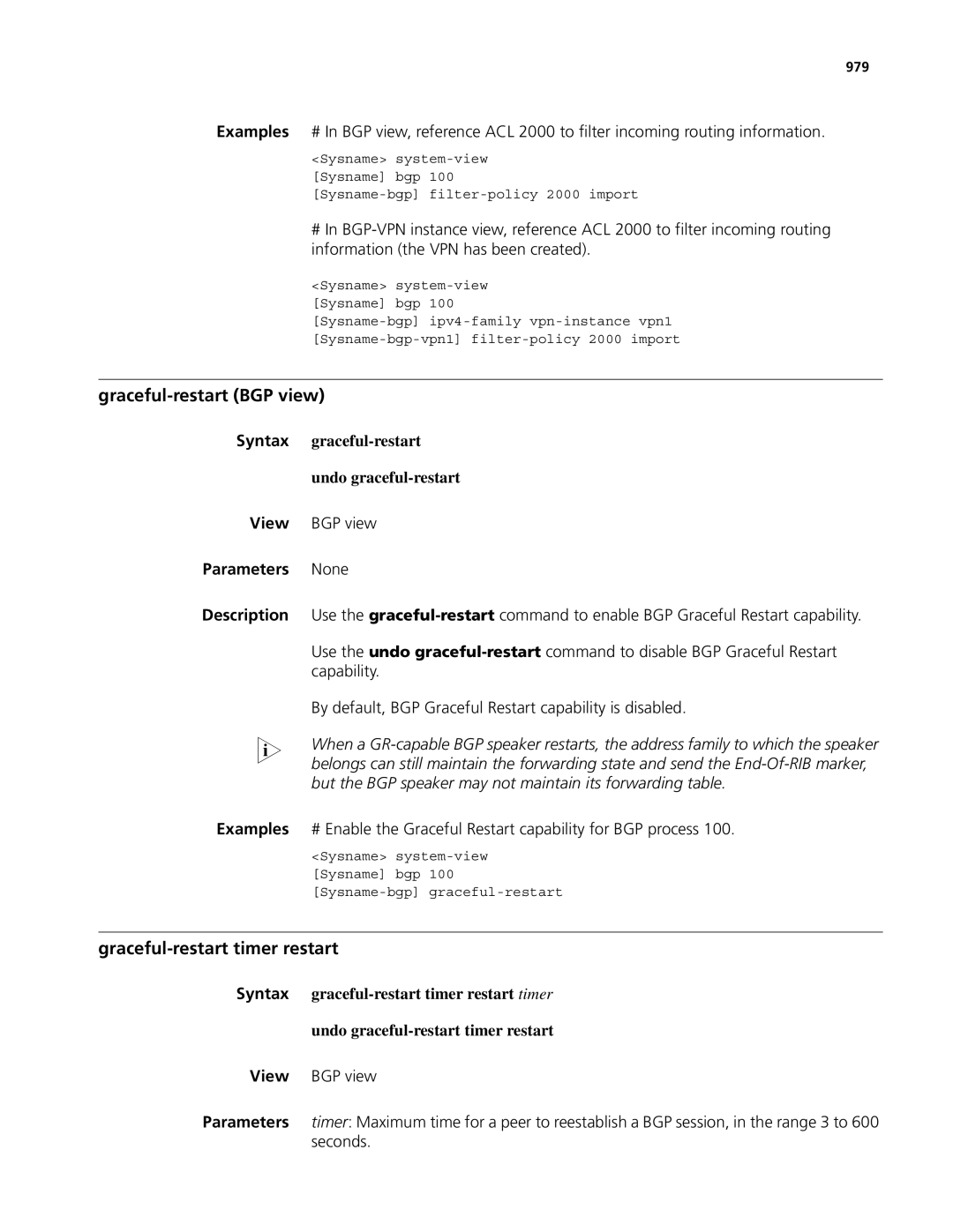 3Com MSR 50 Graceful-restart BGP view, Graceful-restart timer restart, Syntax graceful-restart Undo graceful-restart, 979 