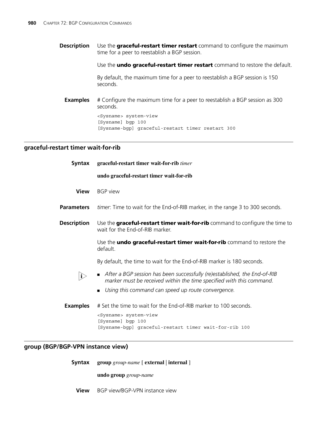 3Com MSR 30 Graceful-restart timer wait-for-rib, Group BGP/BGP-VPN instance view, Undo graceful-restart timer wait-for-rib 