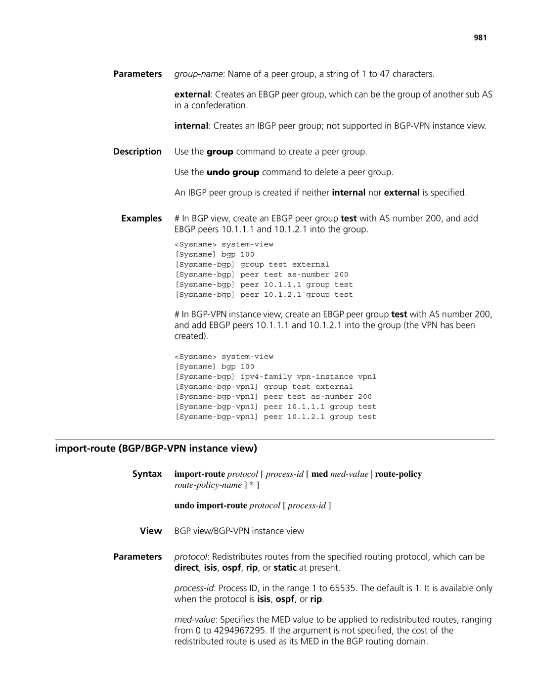 3Com MSR 50, MSR 30 manual Import-route BGP/BGP-VPN instance view, 981 