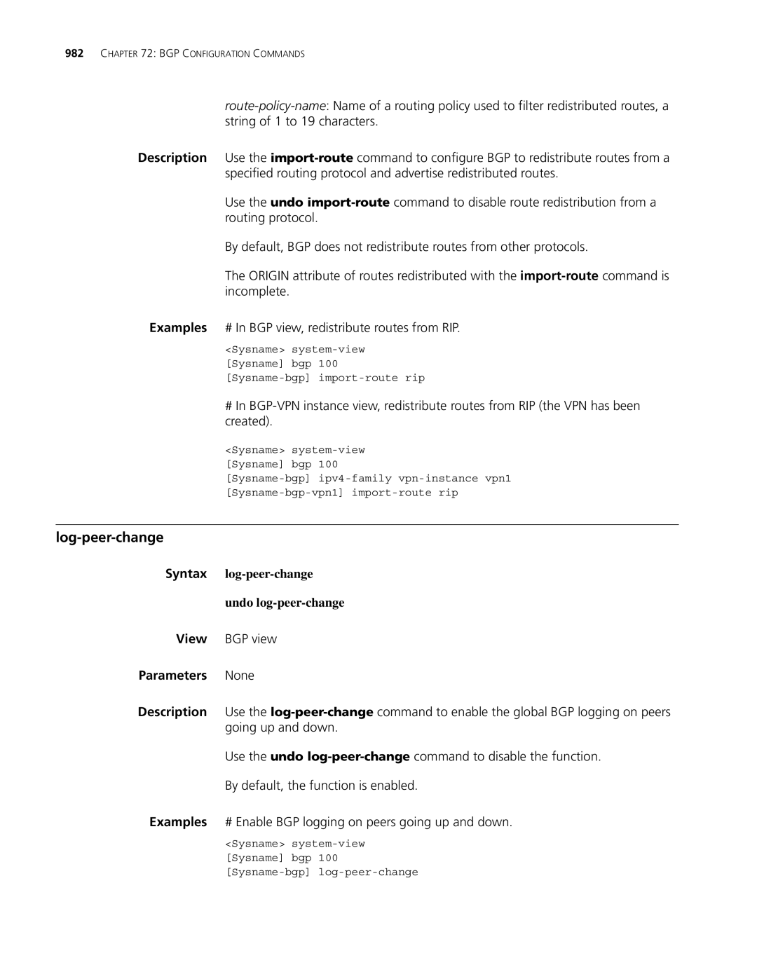 3Com MSR 30, MSR 50 manual Log-peer-change, Syntax log-peer-change Undo log-peer-change 