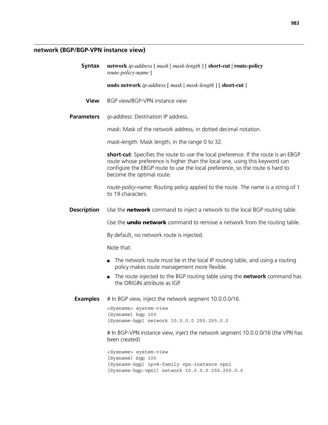 3Com MSR 50, MSR 30 manual Network BGP/BGP-VPN instance view, 983 