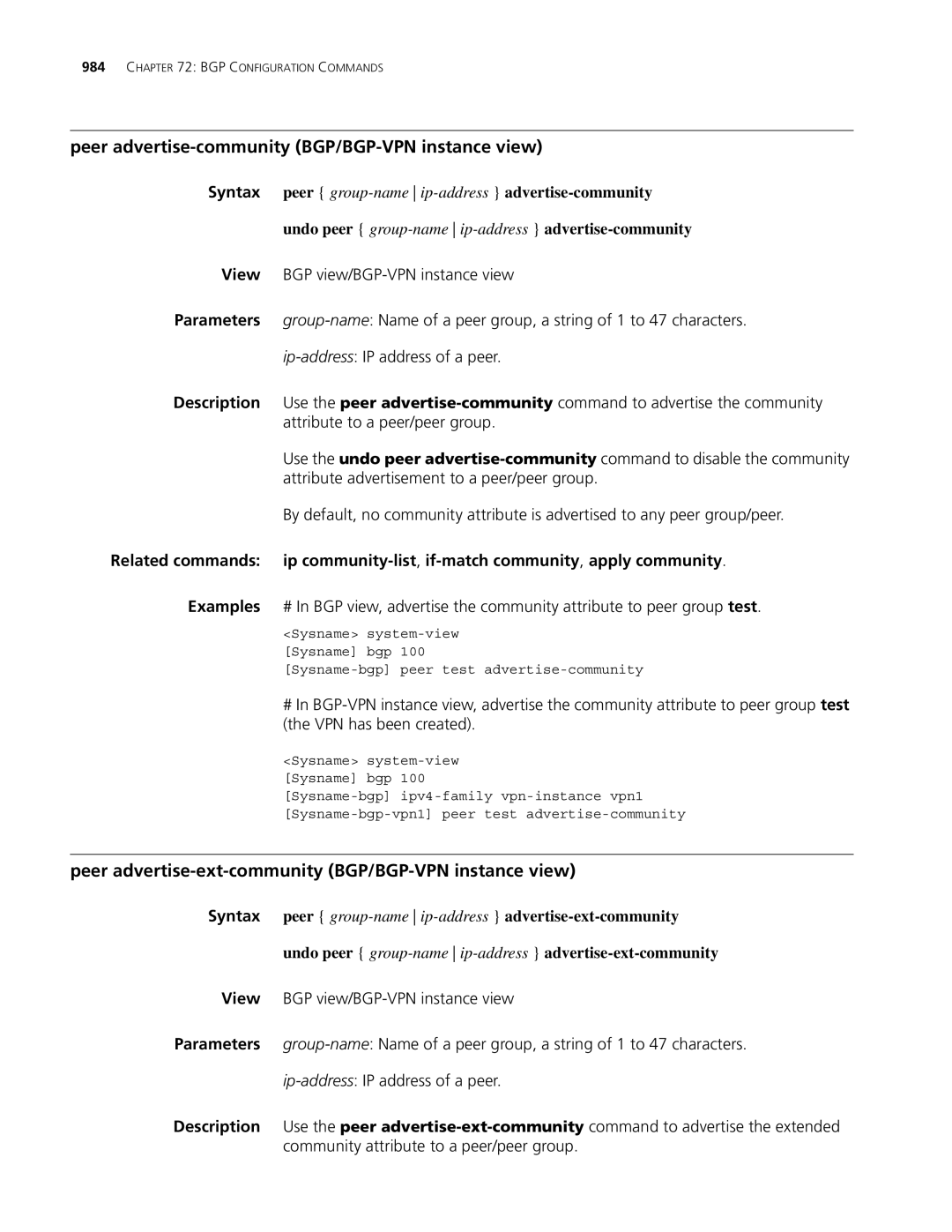 3Com MSR 30 Peer advertise-community BGP/BGP-VPN instance view, Peer advertise-ext-community BGP/BGP-VPN instance view 