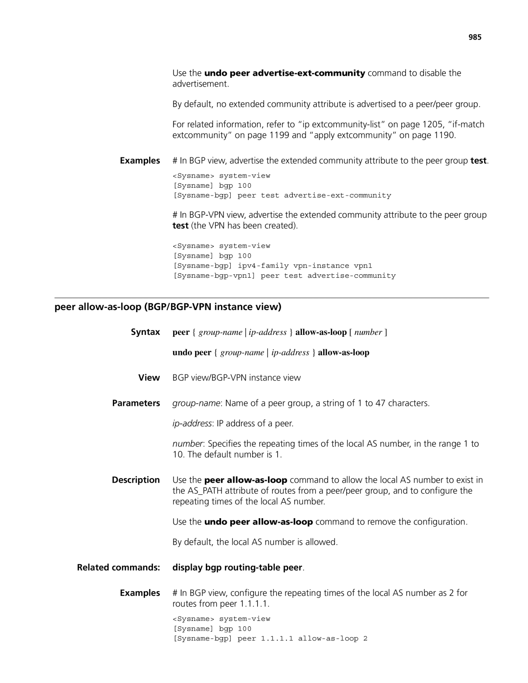 3Com MSR 50, MSR 30 Peer allow-as-loop BGP/BGP-VPN instance view, Related commands display bgp routing-table peer, 985 