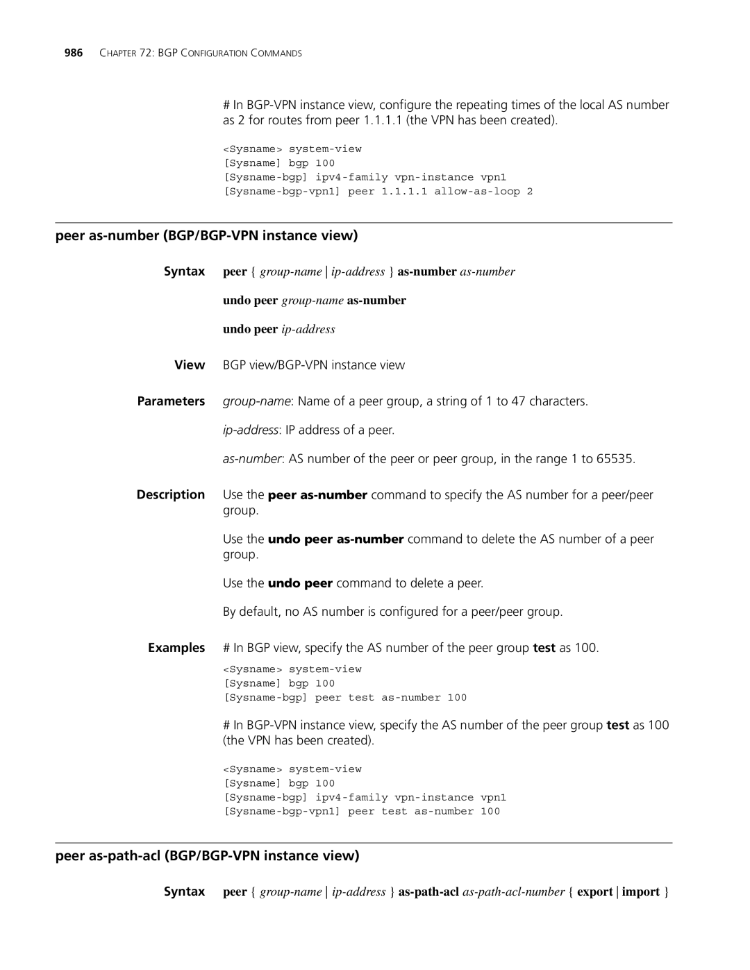 3Com MSR 30 Peer as-number BGP/BGP-VPN instance view, Peer as-path-acl BGP/BGP-VPN instance view, Undo peer ip-address 