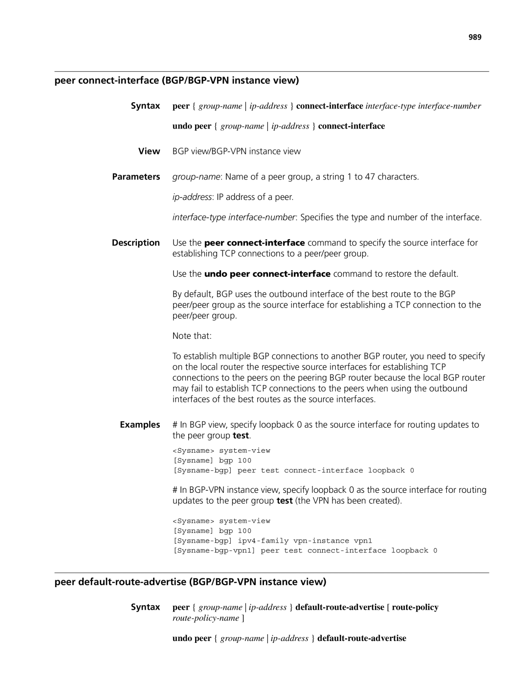 3Com MSR 50 Peer connect-interface BGP/BGP-VPN instance view, Peer default-route-advertise BGP/BGP-VPN instance view, 989 