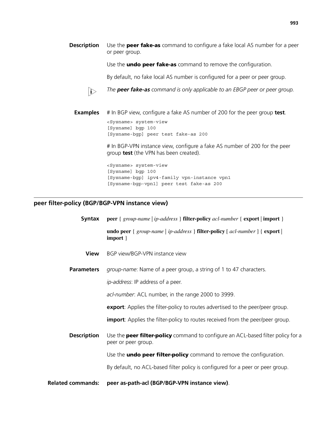 3Com MSR 50 Peer filter-policy BGP/BGP-VPN instance view, Related commands peer as-path-aclBGP/BGP-VPN instance view, 993 