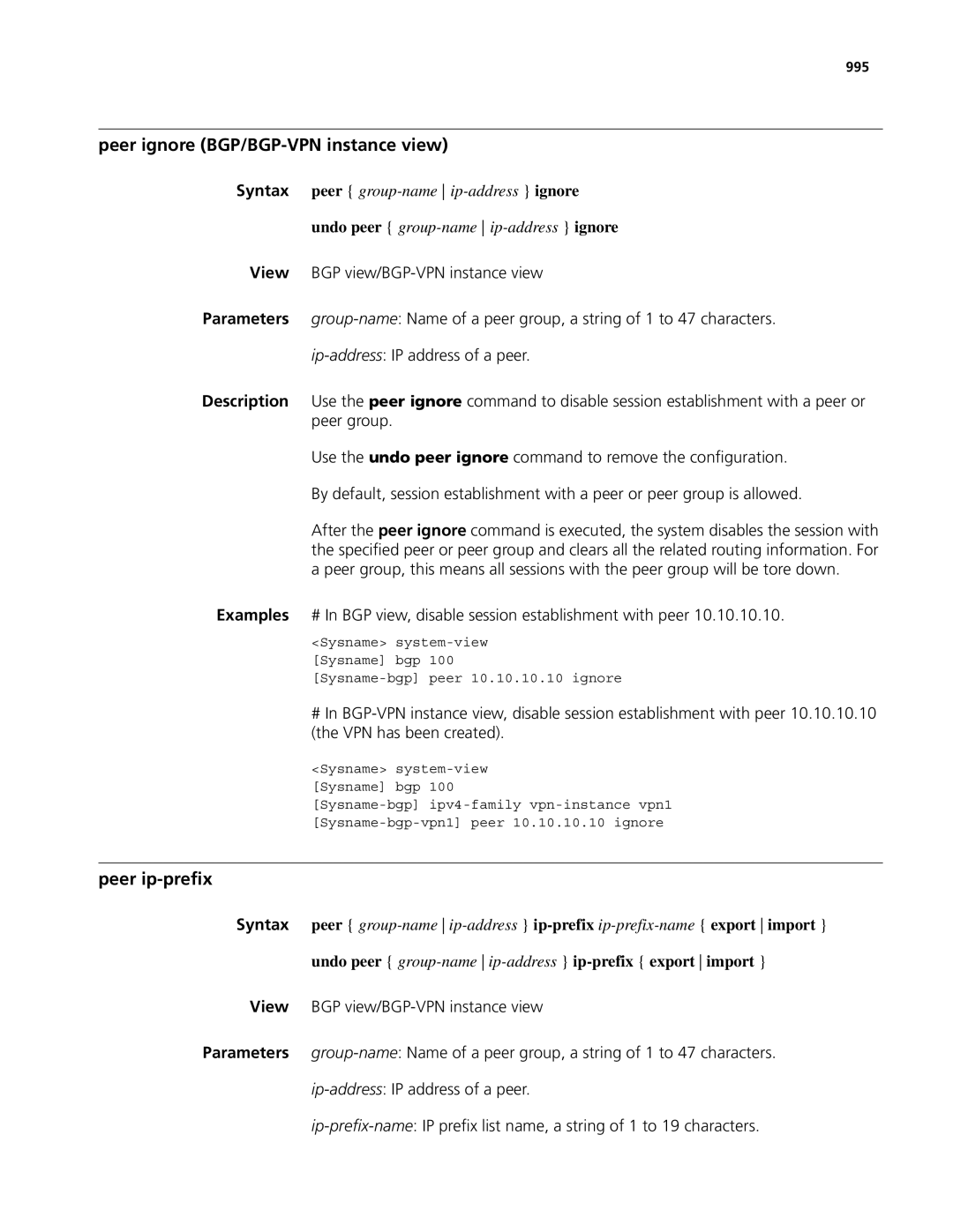 3Com MSR 50, MSR 30 manual Peer ignore BGP/BGP-VPN instance view, Peer ip-prefix, 995 