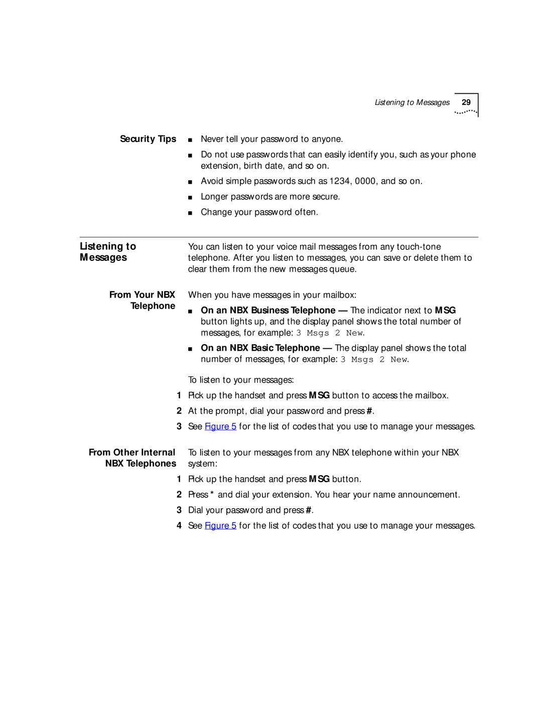 3Com NBX 1102, NBX 1105, NBX 2102, NBX 2101 manual Listening to, Messages, Security Tips, NBX Telephones System 