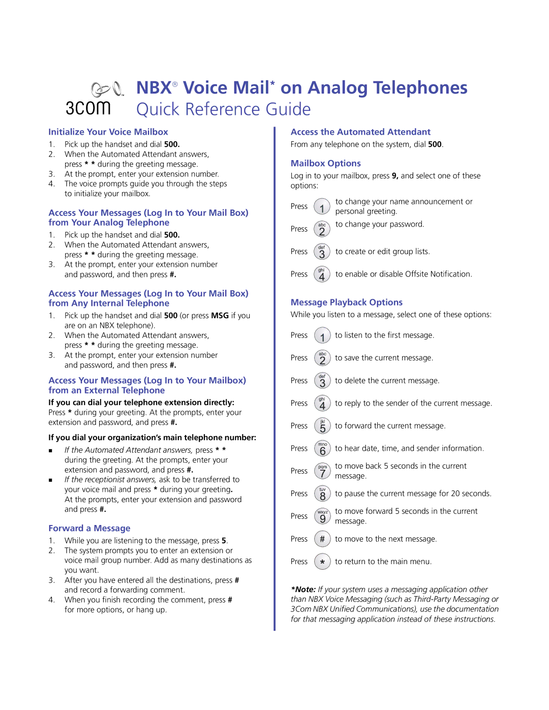 3Com NBXâ Voice Mail* on Analog Telephones, Initialize Your Voice Mailbox, Mailbox Options, Message Playback Options 