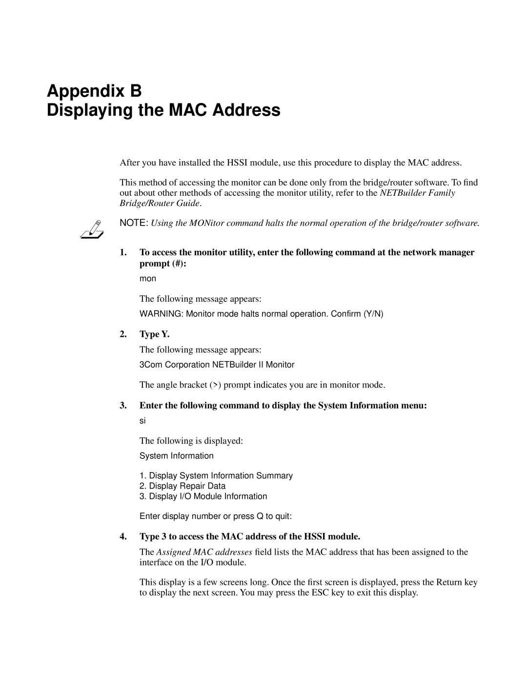 3Com NETBuilder II Appendix B Displaying the MAC Address, Type Y, Type 3 to access the MAC address of the Hssi module 