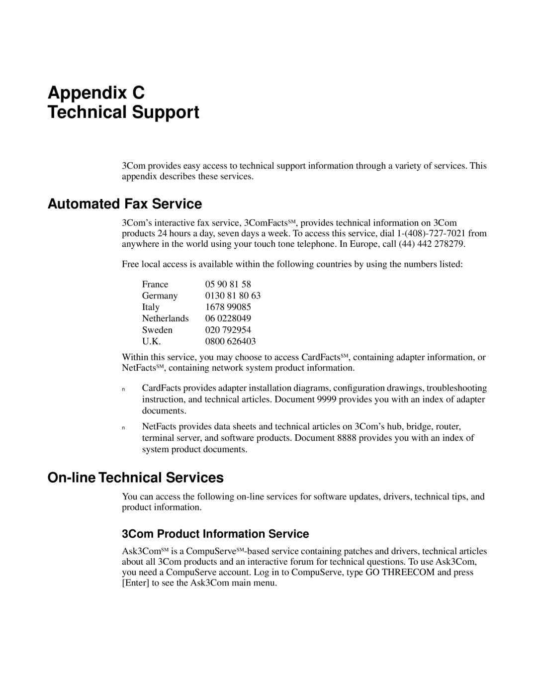 3Com NETBuilder II manual Appendix C Technical Support, Automated Fax Service, On-line Technical Services 