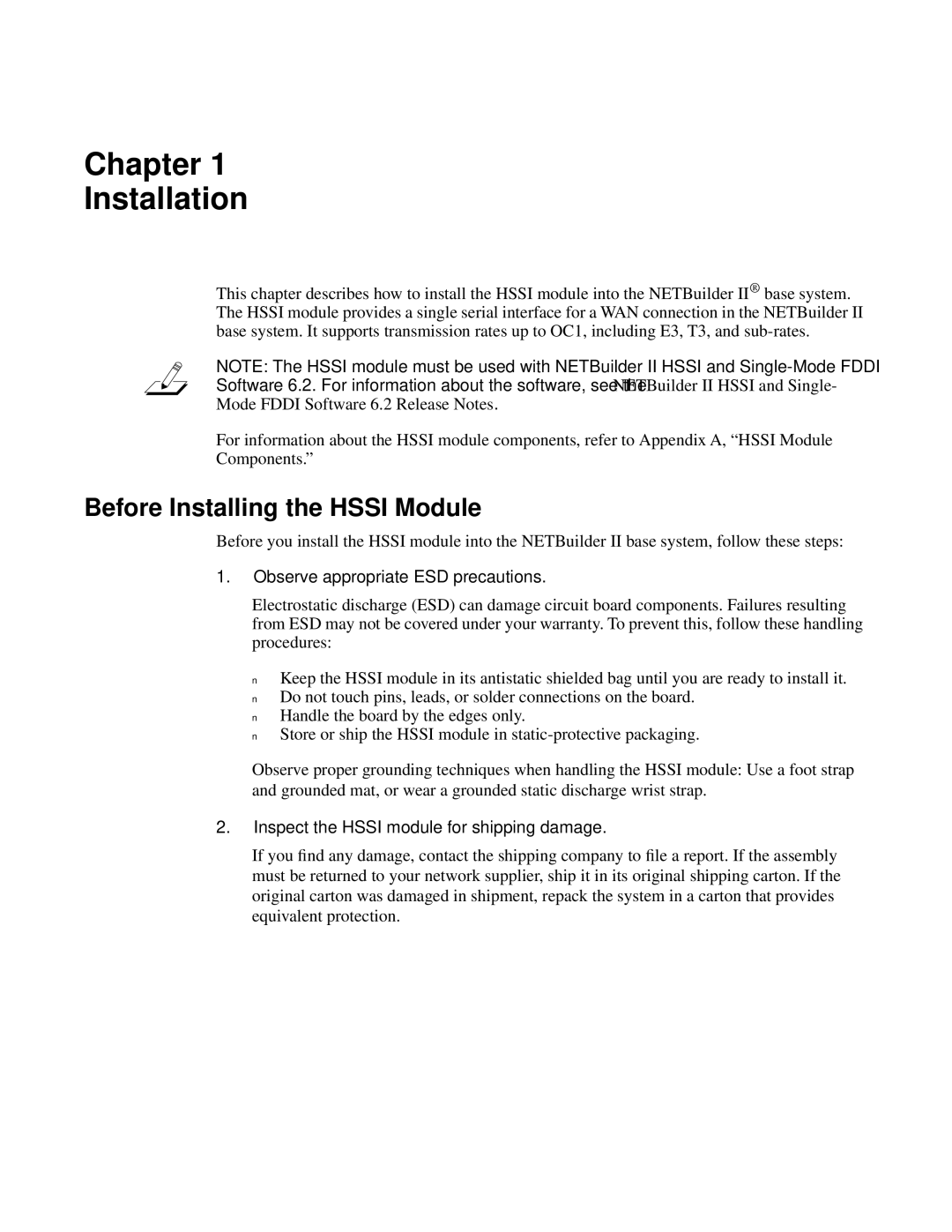 3Com NETBuilder II manual Chapter Installation, Before Installing the Hssi Module, Observe appropriate ESD precautions 