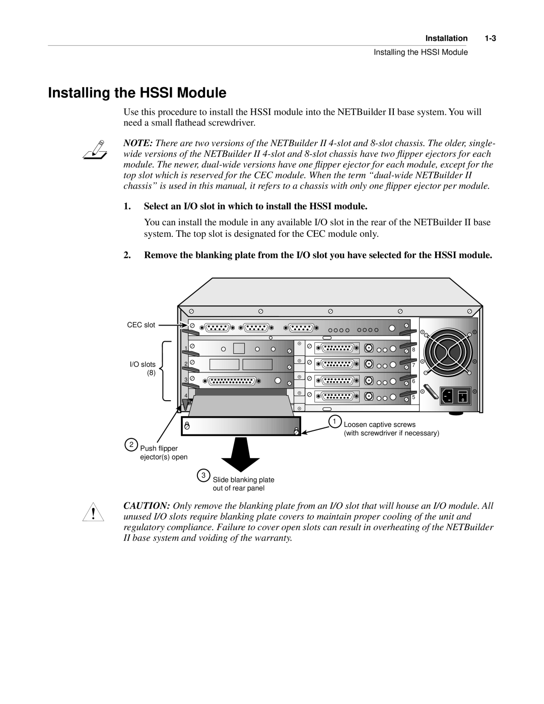 3Com NETBuilder II manual Installing the Hssi Module, Select an I/O slot in which to install the Hssi module 