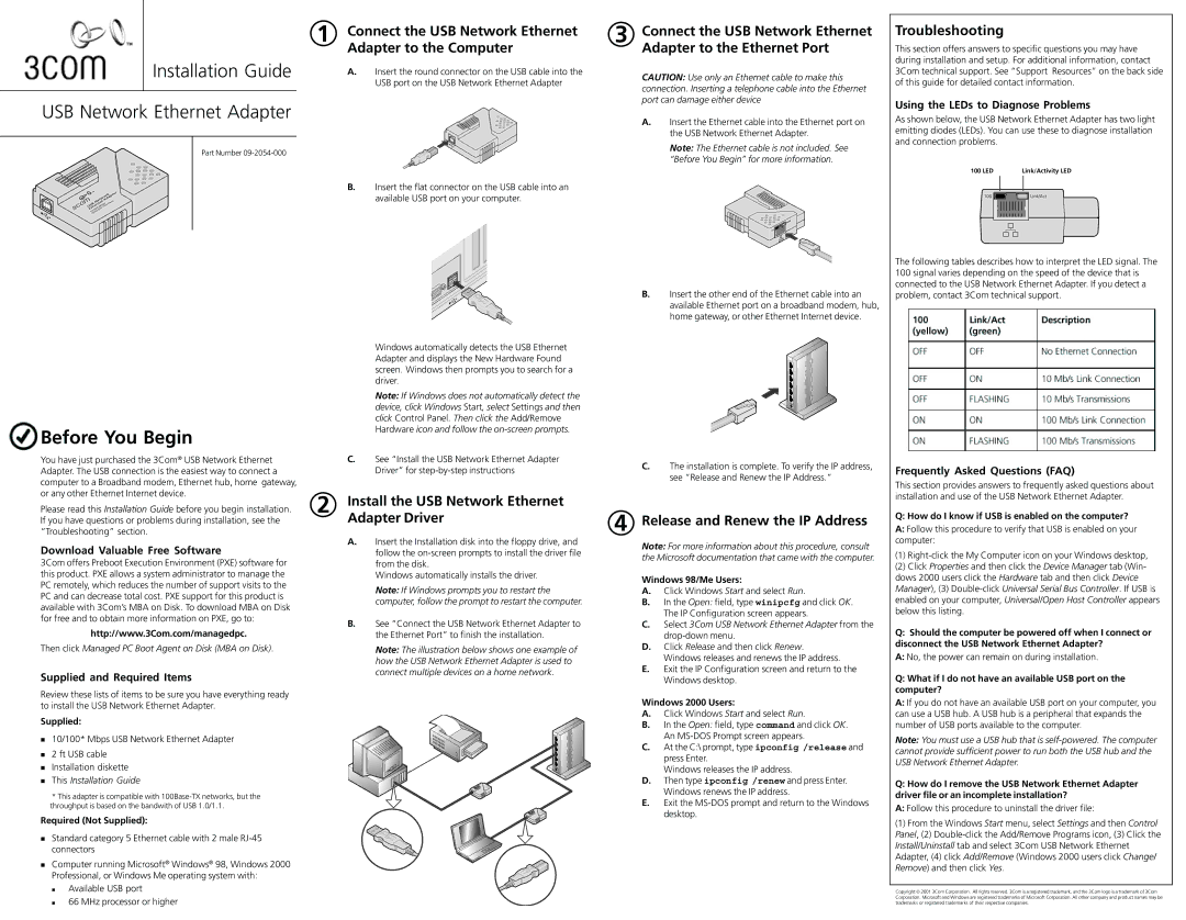 3Com manual Connect the USB Network Ethernet Adapter to the Computer, Adapter to the Ethernet Port, Troubleshooting 