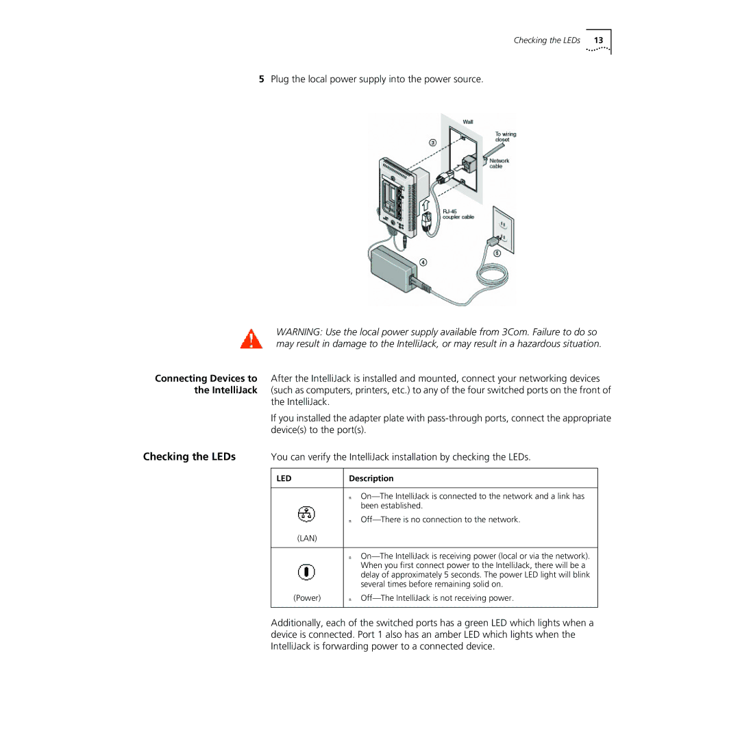 3Com NJ220 manual Connecting Devices to, IntelliJack, Checking the LEDs, Description 