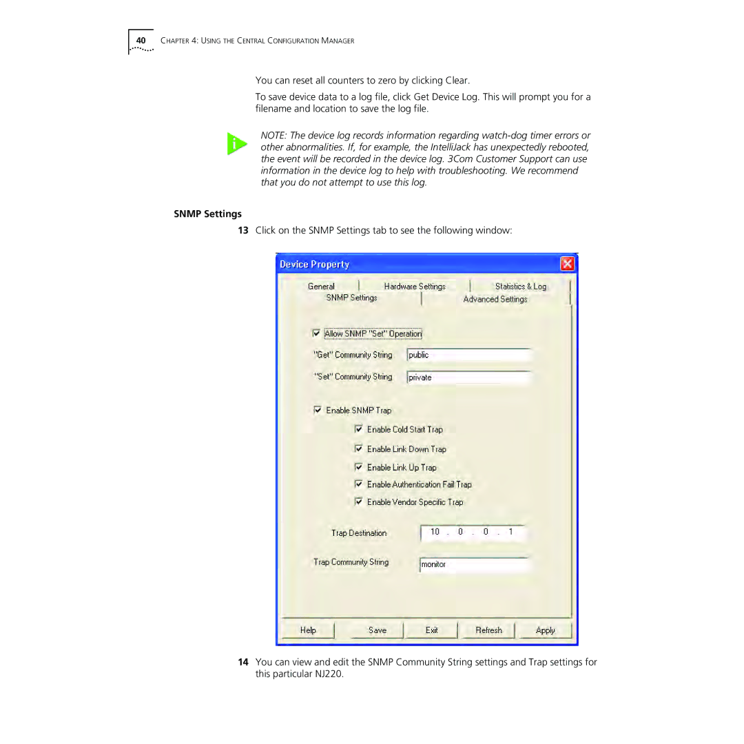 3Com NJ220 manual Snmp Settings 