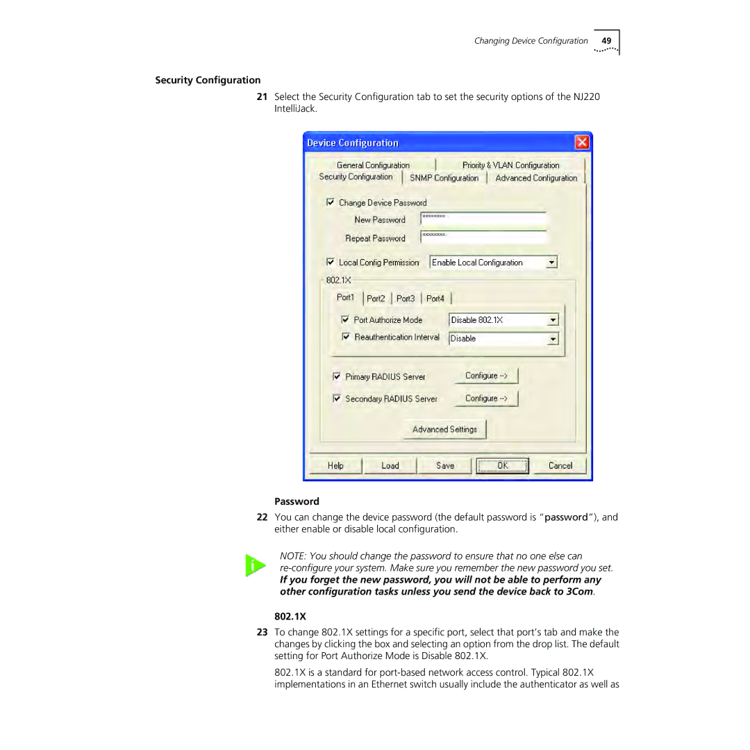 3Com NJ220 manual Security Configuration, Password, 802.1X 