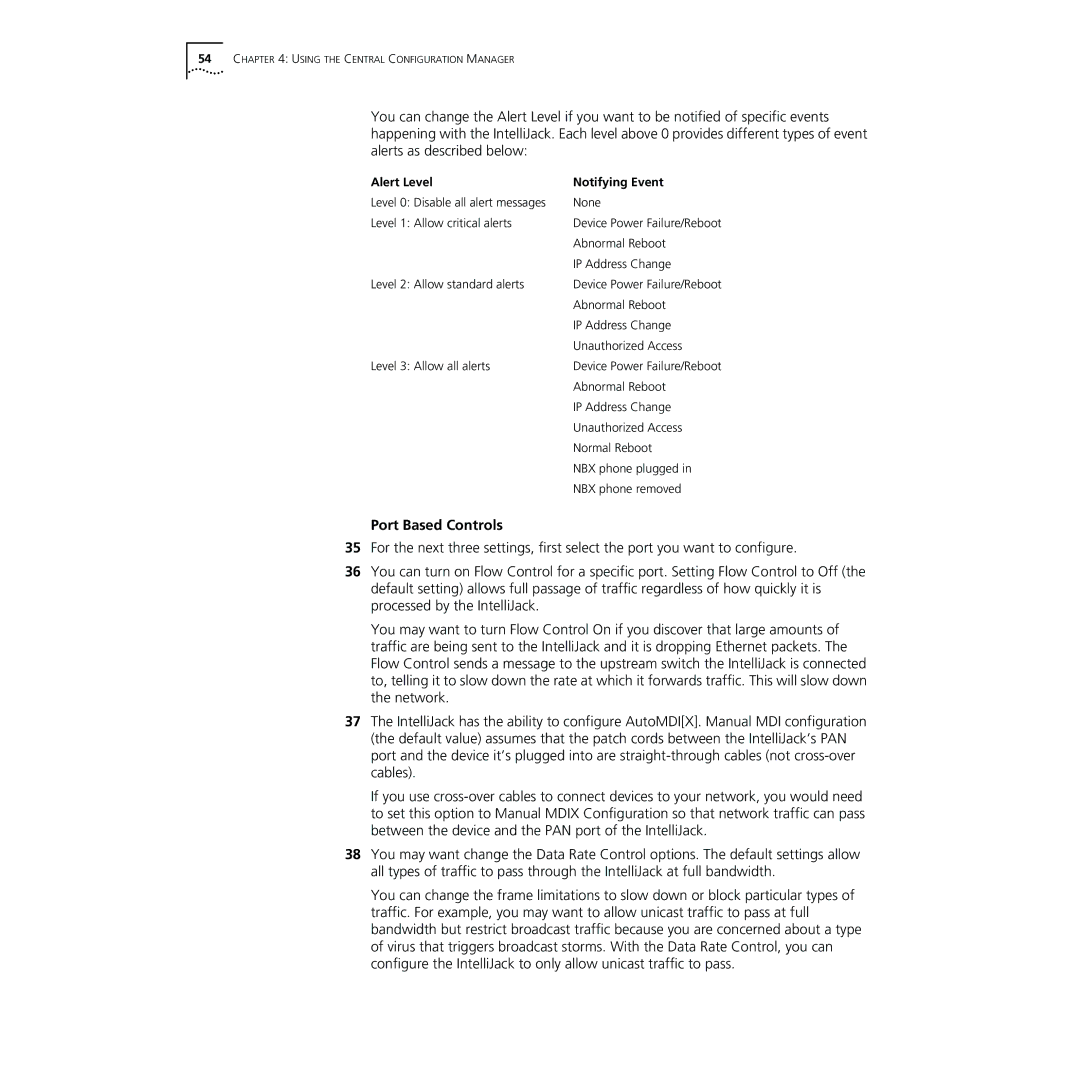 3Com NJ220 manual Port Based Controls, Alert Level Notifying Event 