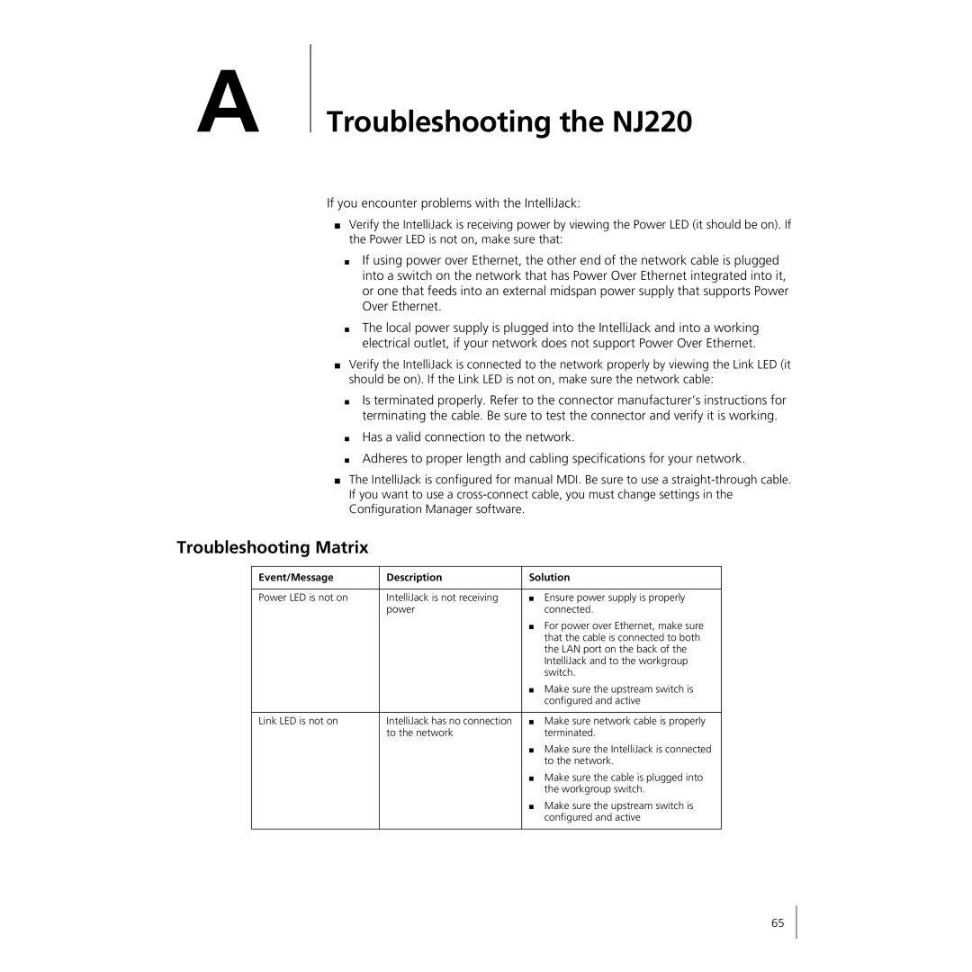 3Com manual Troubleshooting the NJ220 