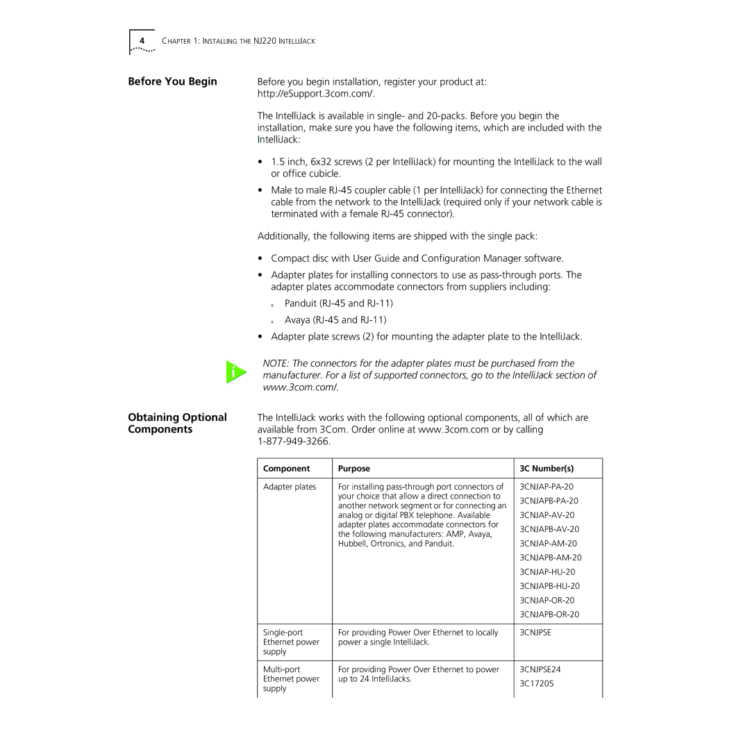 3Com NJ220 manual Before You Begin, Component Purpose 3C Numbers 