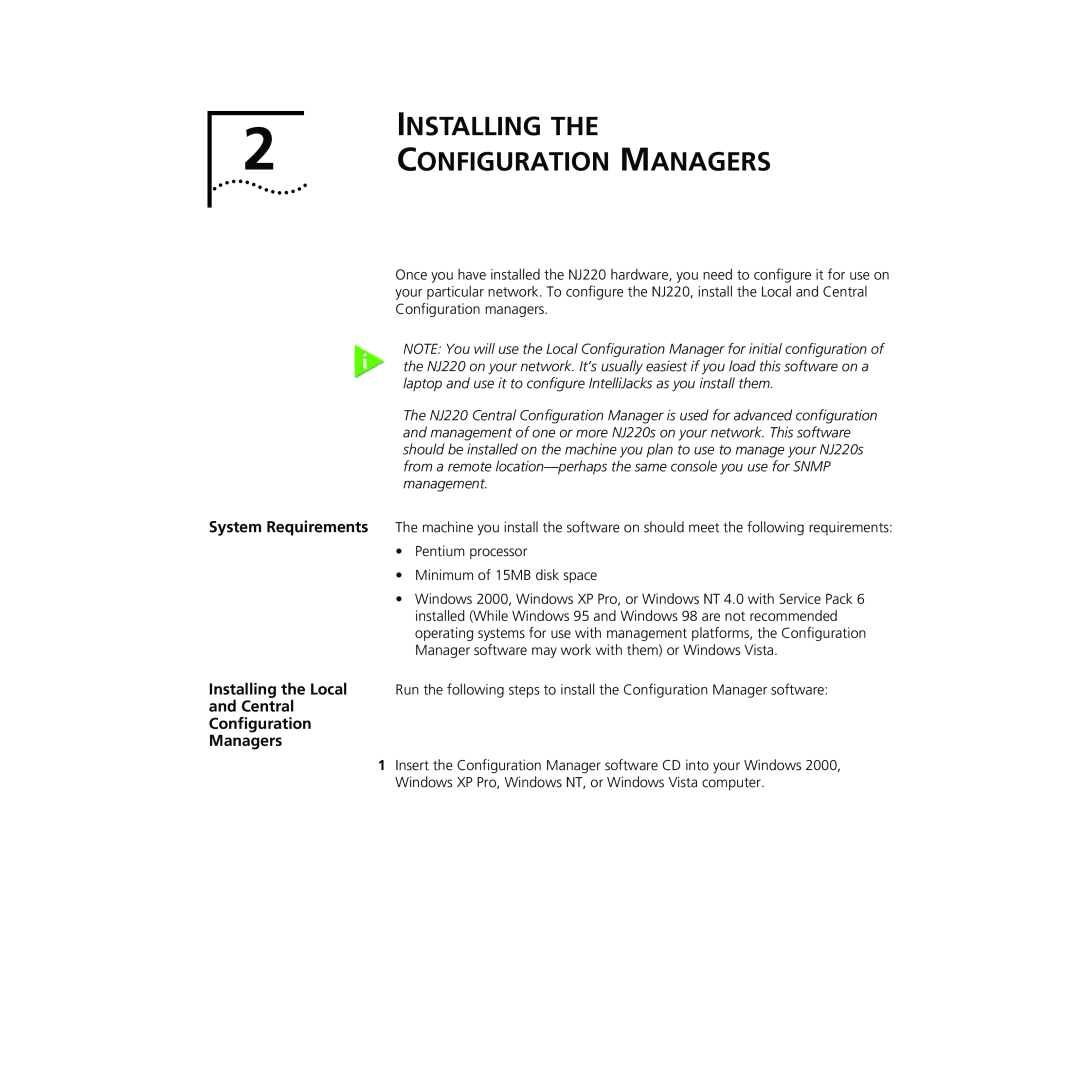 3Com NJ220 manual INSTALLING THE 2 CONFIGURATION MANAGERS, Configuration Managers 