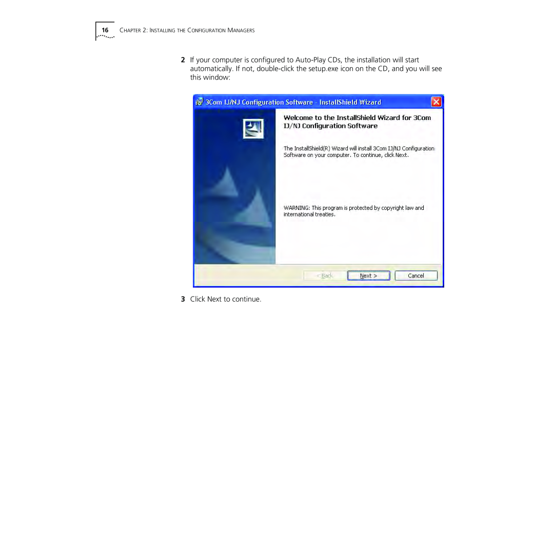 3Com NJ220 manual Click Next to continue, Installing The Configuration Managers 