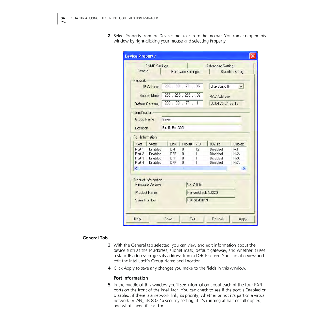 3Com NJ220 manual General Tab, Port Information, Using The Central Configuration Manager 