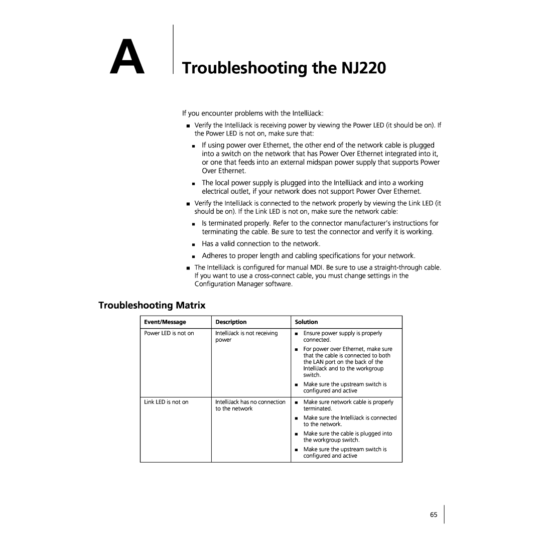 3Com manual Troubleshooting the NJ220, Troubleshooting Matrix 