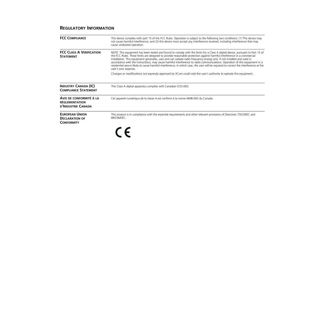 3Com NJ220 manual Regulatory Information 