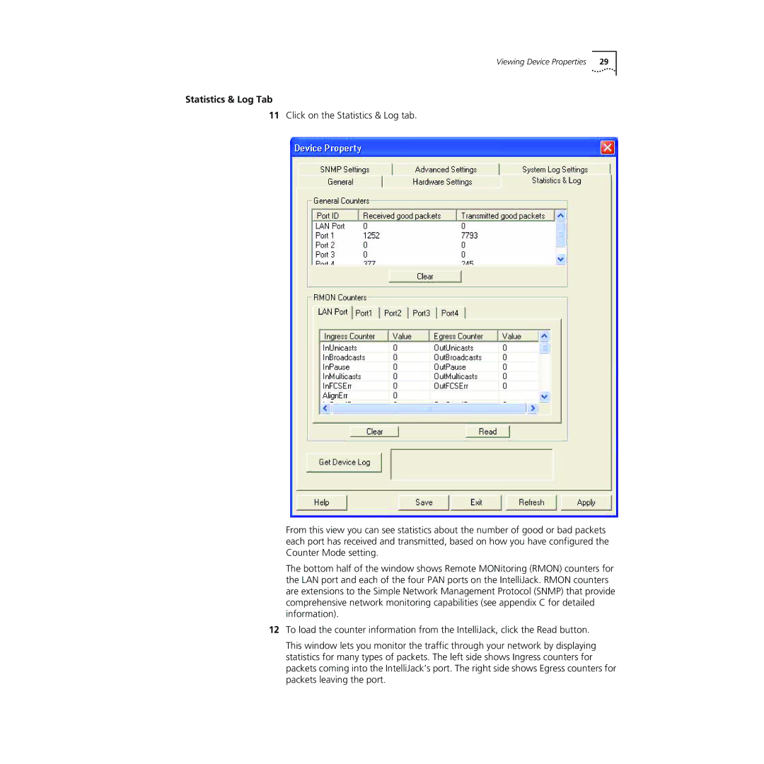 3Com NJ240FX manual Statistics & Log Tab 