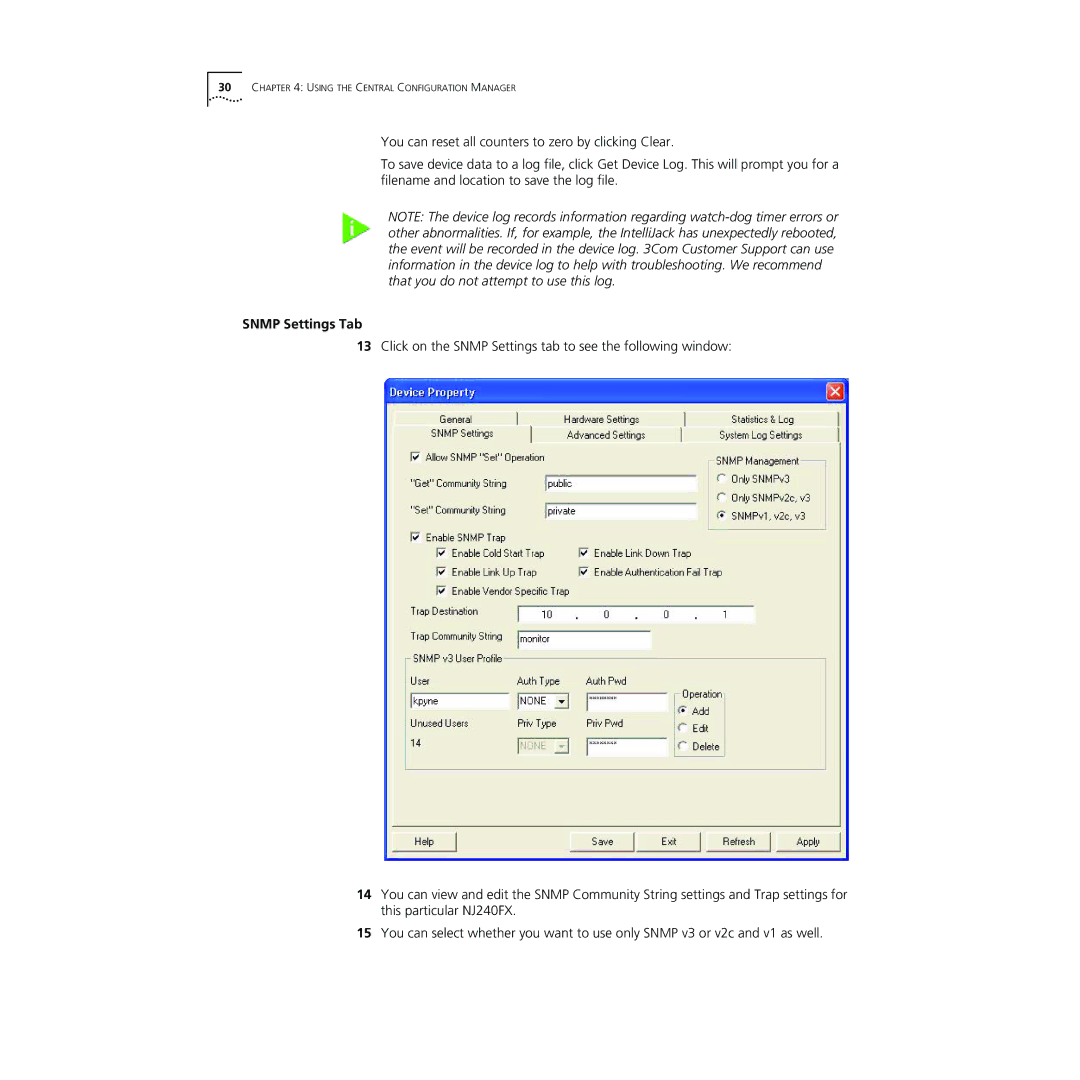 3Com NJ240FX manual Snmp Settings Tab 