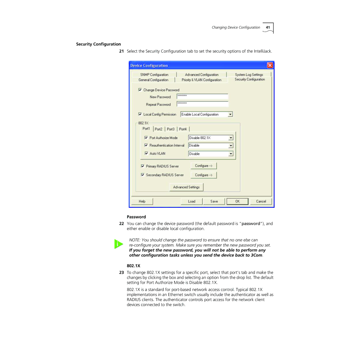 3Com NJ240FX manual Security Configuration, Password, 802.1X 