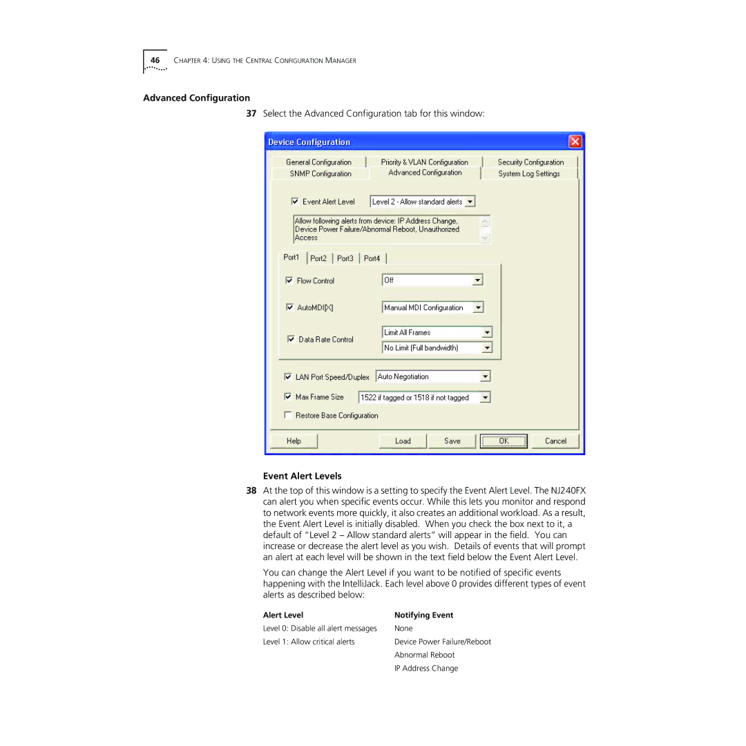 3Com NJ240FX manual Advanced Configuration, Event Alert Levels 