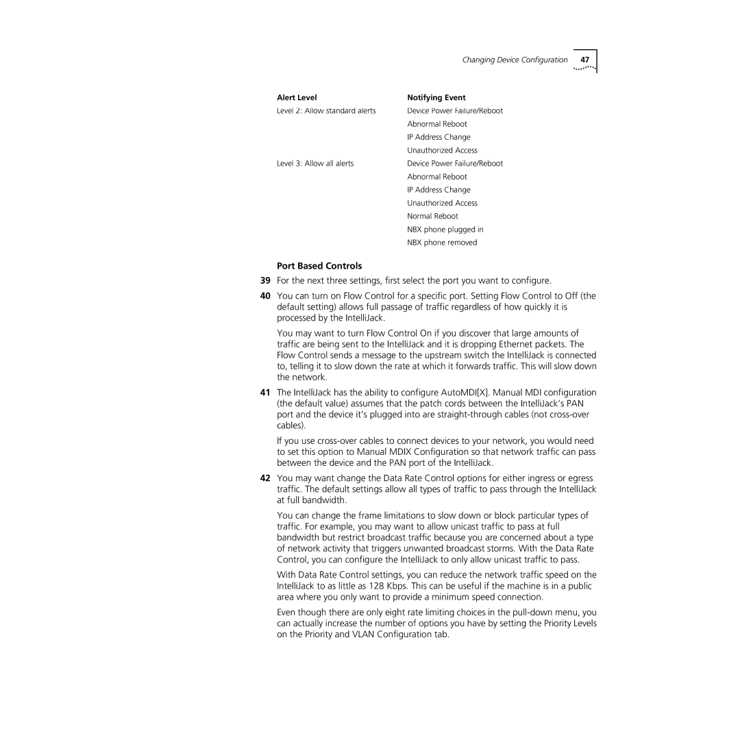 3Com NJ240FX manual Port Based Controls, Alert Level Notifying Event 